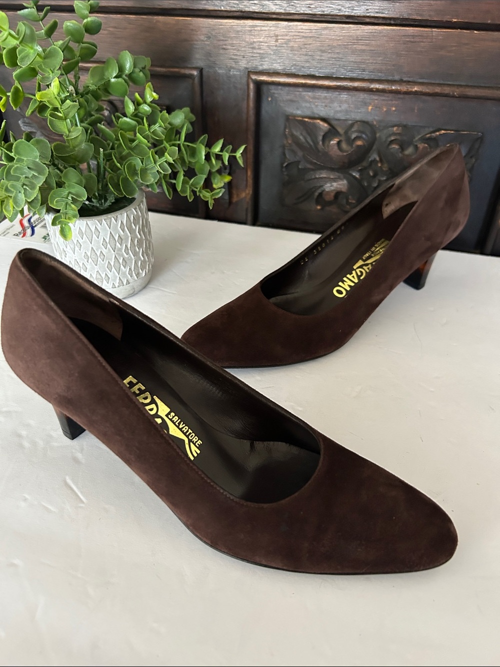 Salvatore Ferragamo Shoes Brown Espresso Suede Calf Sabrina Pump